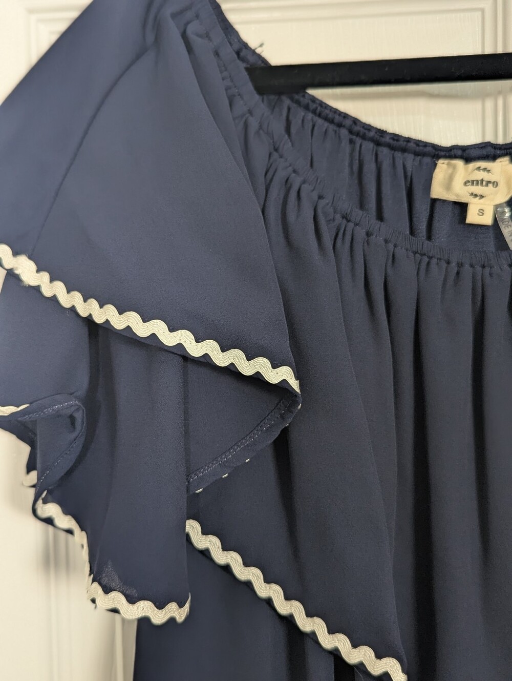 Entro Navy Blue Off Shoulder Ruffle Ric Rac Trim Shift Dress Small - Picture 3 of 7